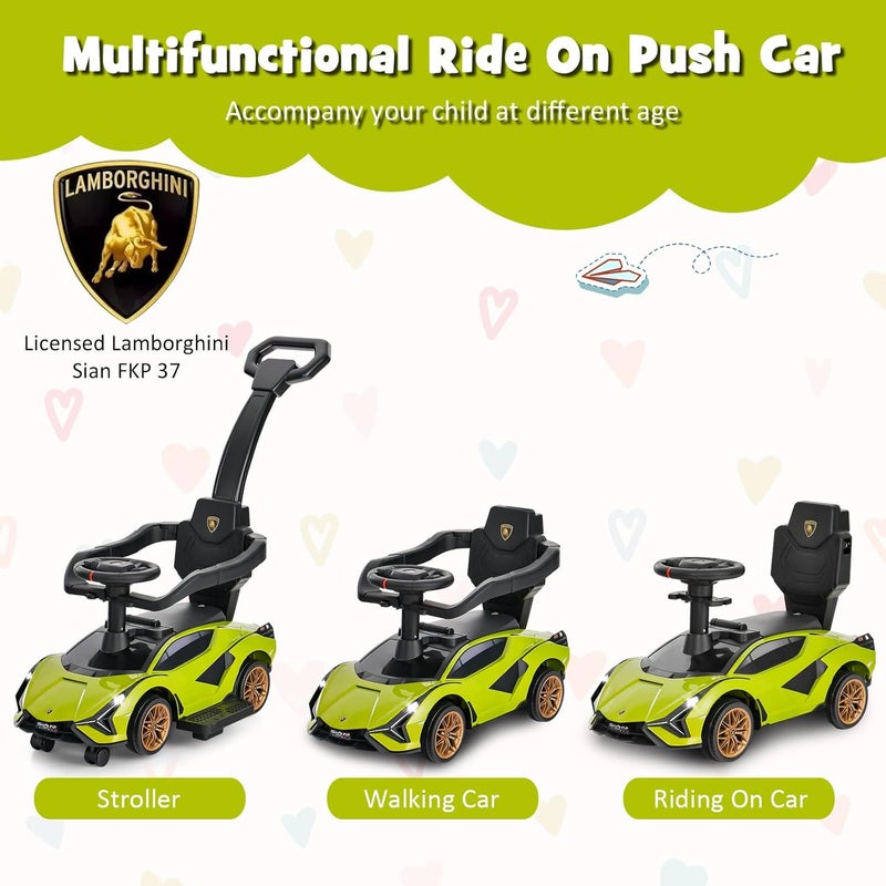 INFANS 3 in 1 Ride on Push Car, Licensed Lamborghini Baby Stroller Sliding Walking Car with Push Handle, Music, USB, Headlight, Under Seat Storage, Kids Foot-to-Floor Toy for 18-60 Months (Green) - Image 2